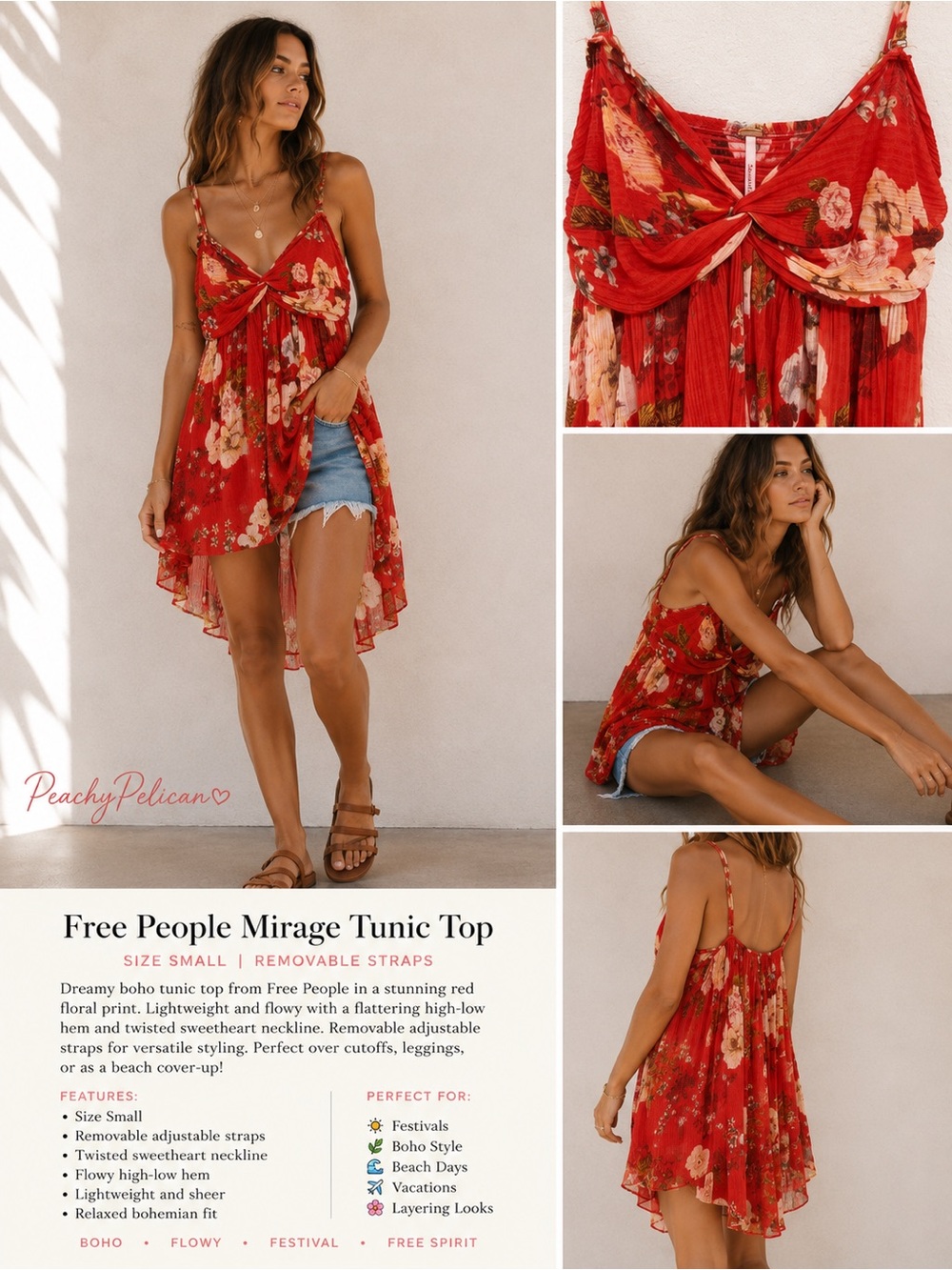 Free People Mirage Tunic Top Small Red Orange Floral Boho Sheer High Low